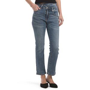SAIGE DENIM Medium Denim Cross Waist Straight Denim Jeans